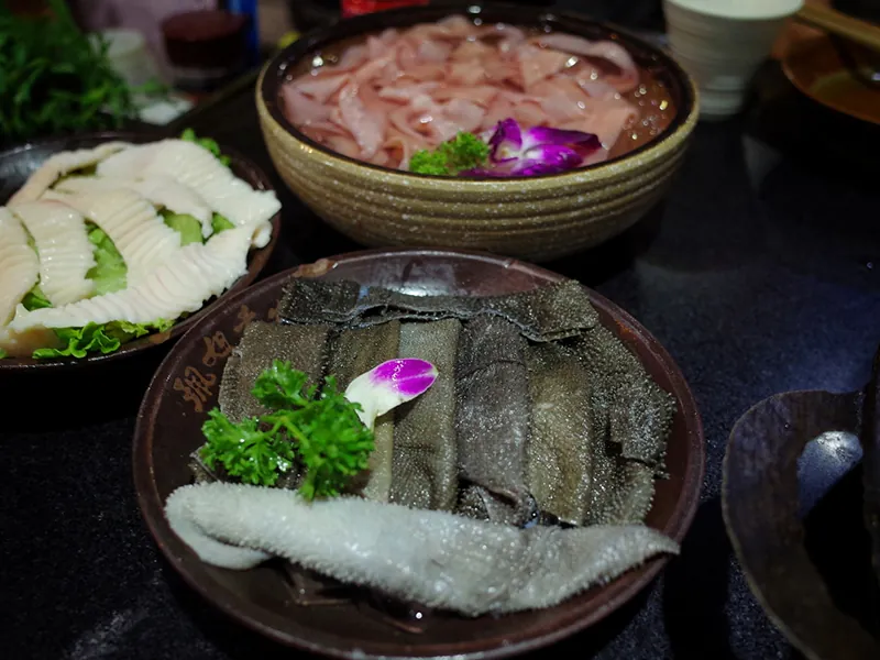 Fresh hot pot ingredients like tripe, duck intestines and squid at KTOP Korean BBQ and Hot Pot, an Asian Restaurant in Longview