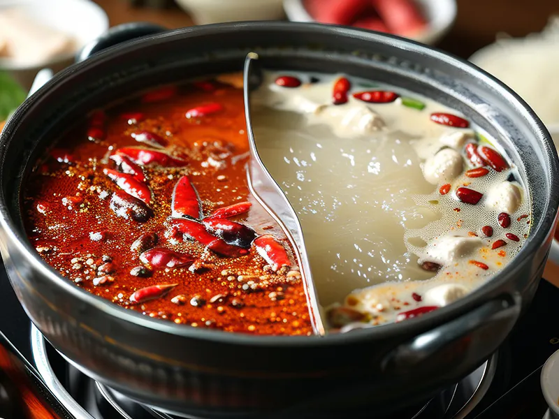 Spicy and plain dual broth for flavorful hot pot at KTOP Korean BBQ and Hot Pot, an Asian Restaurant in Longview